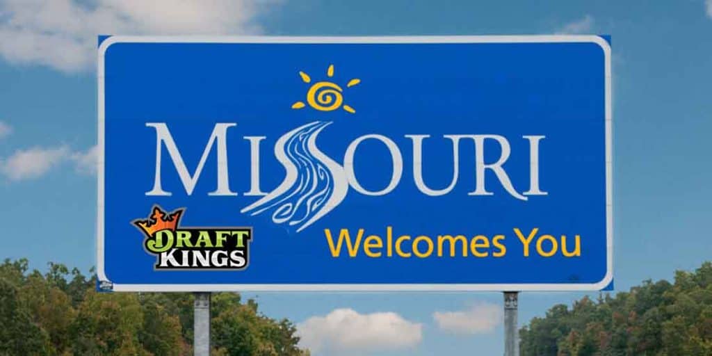 Missouri welcome sign with a DraftKings logo on it