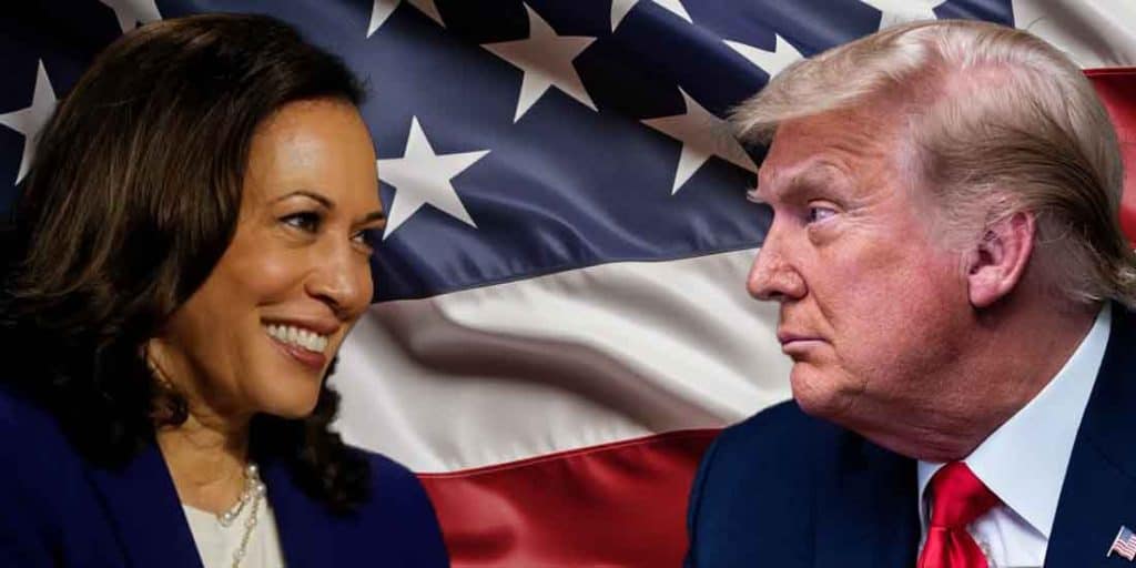 Kamala Harris and Donald Trump facing each other with a US flag in the background