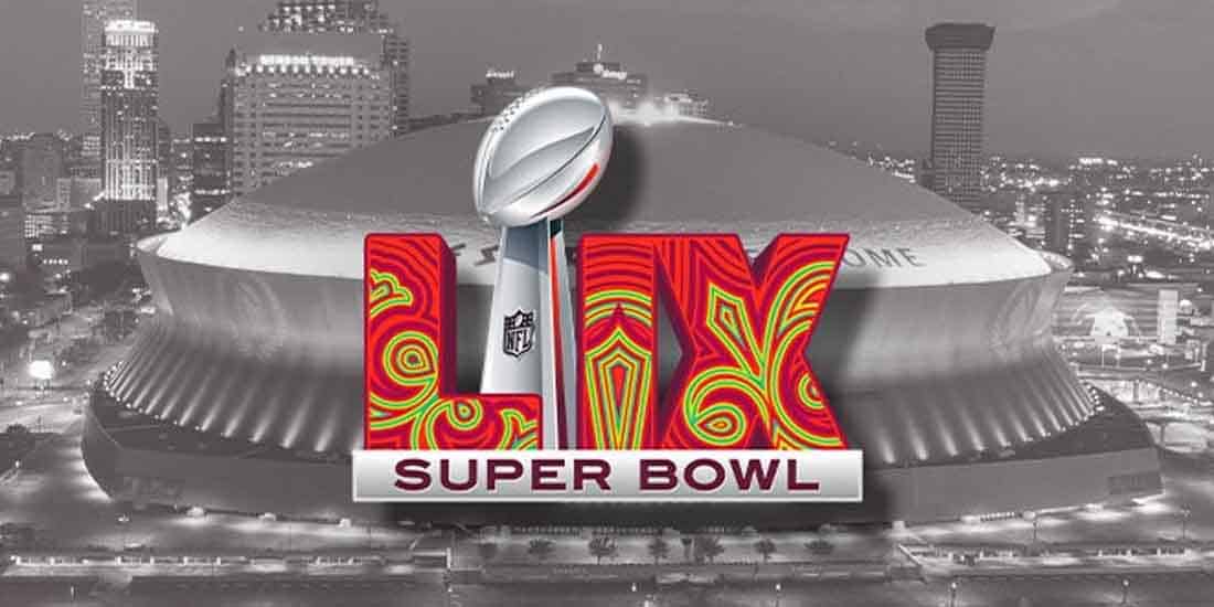 Super Bowl LIX logo over a black and white image of the Caesars Superdome